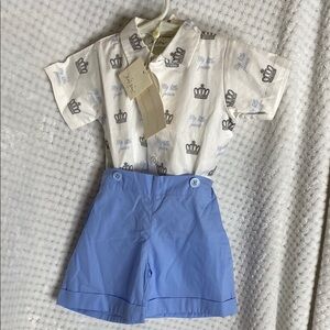 Rachel Riley Crown Print Shirt and Blue Shorts Set